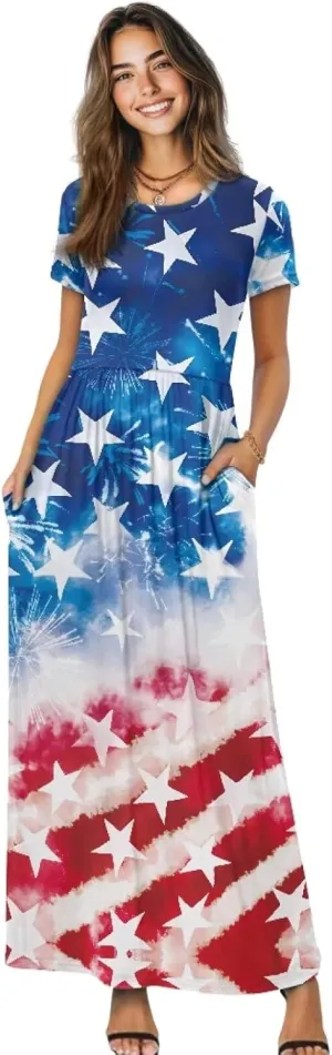 Maxi Dress for Women Plus Size Summer Casual Loose Crewneck Short Sleeve High Waist Maxi Dress with Pockets S-4XL