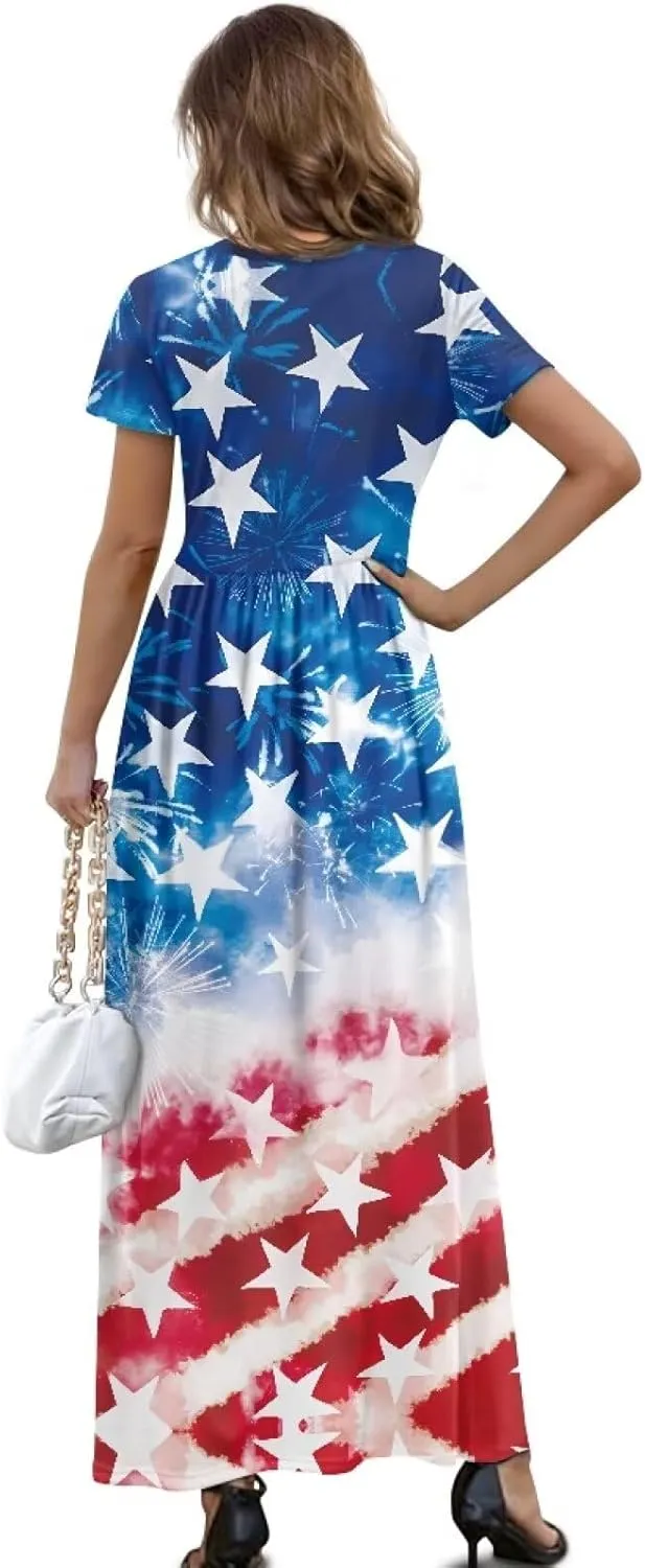 Maxi Dress for Women Plus Size Summer Casual Loose Crewneck Short Sleeve High Waist Maxi Dress with Pockets S-4XL