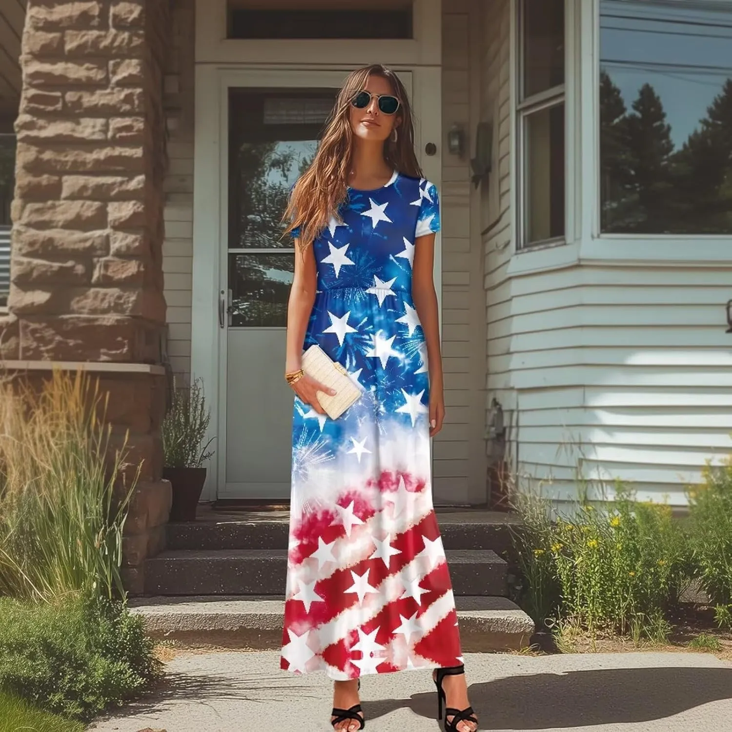 Maxi Dress for Women Plus Size Summer Casual Loose Crewneck Short Sleeve High Waist Maxi Dress with Pockets S-4XL