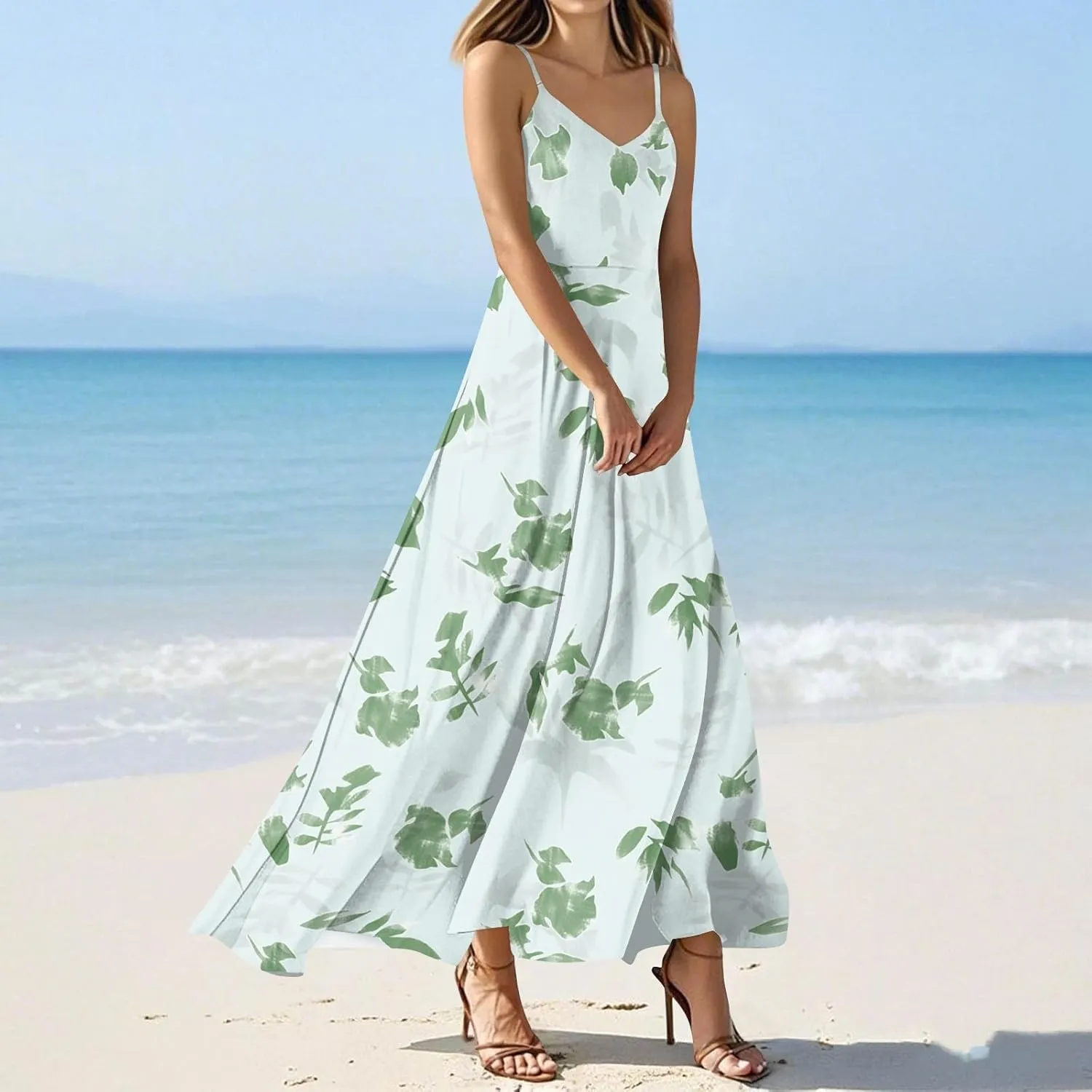 Maxi Dresses for Women 2025 V Neck Empire Waist Sleeveless Floral Cami Dress Spaghetti Strap Flowy Summer Sundress