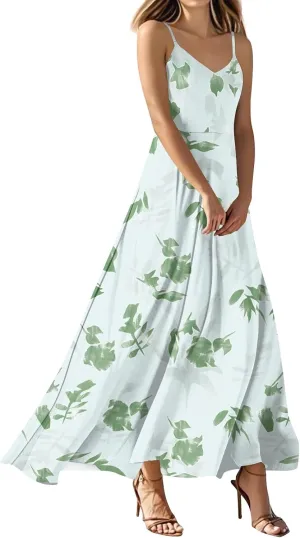 Maxi Dresses for Women 2025 V Neck Empire Waist Sleeveless Floral Cami Dress Spaghetti Strap Flowy Summer Sundress