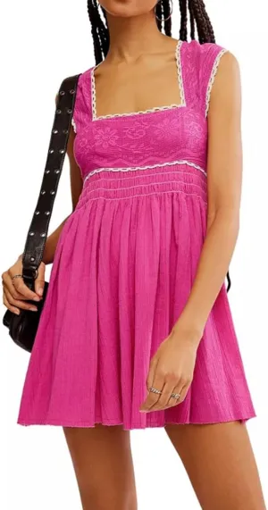Melliflo Women's Cute Lace Trim Mini Tank Dress Crochet Floral Pleated Dress Sleeveless Smocked Backless Babydoll Dresses