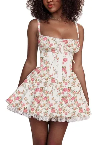 Melliflo Women's Sexy Floral Corset Lace Ruffle Hem Mini Cami Dress Casual Square Neck Sleeveless Low Cut Cocktail Dresses