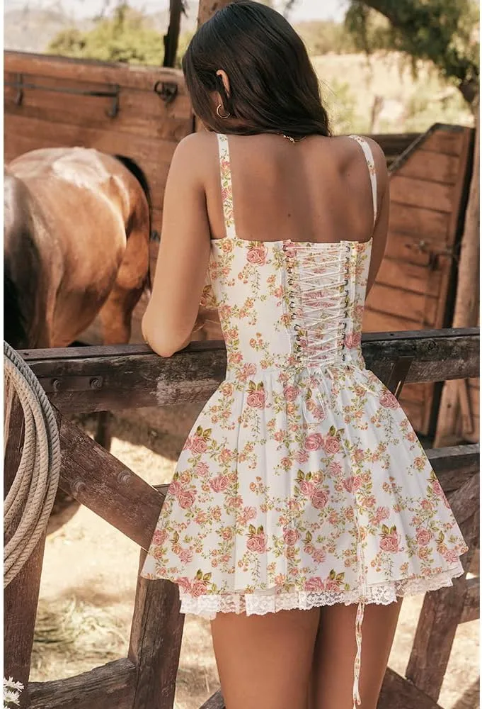 Melliflo Women's Sexy Floral Corset Lace Ruffle Hem Mini Cami Dress Casual Square Neck Sleeveless Low Cut Cocktail Dresses