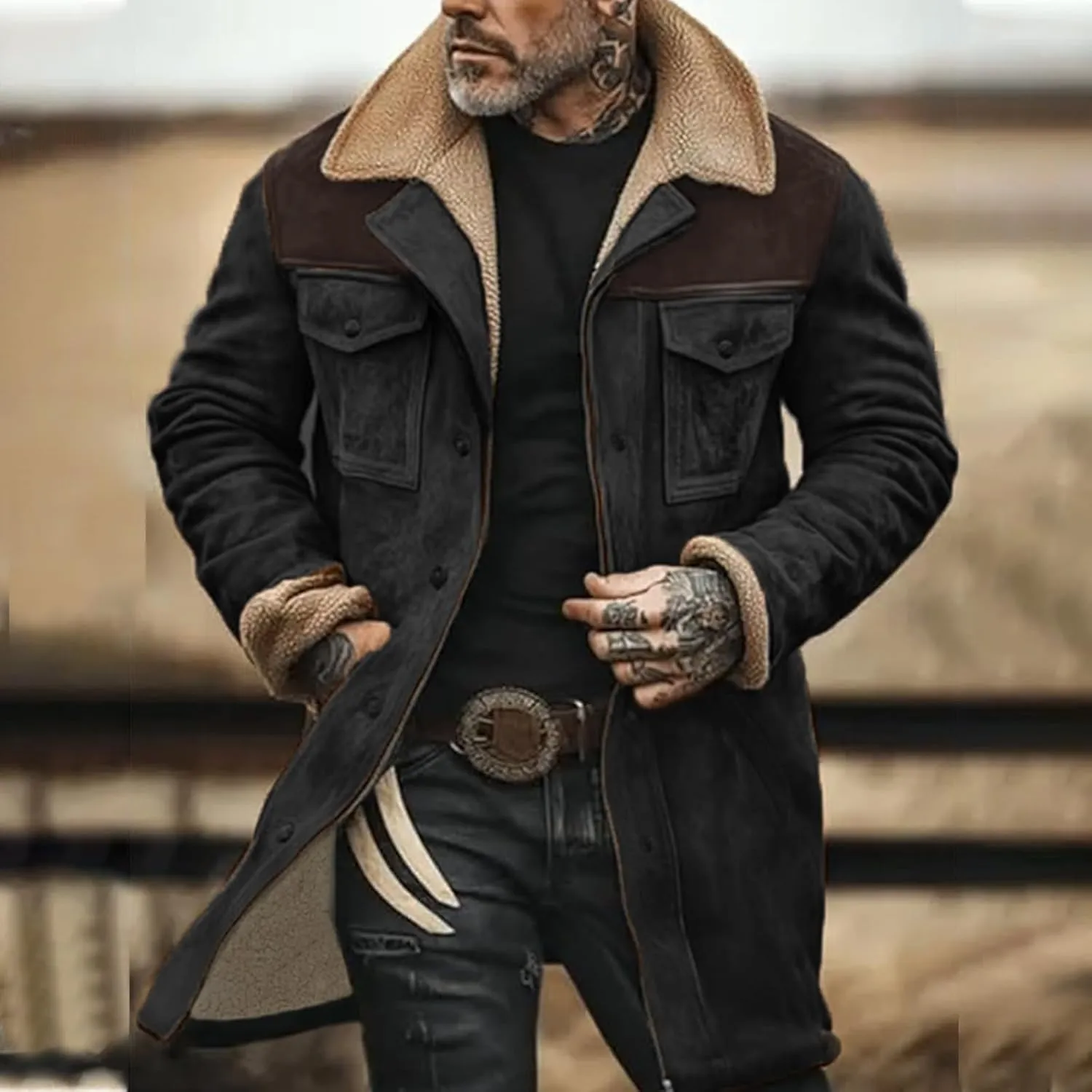 Men Suede Leather Jacket Winter Fur Shearling Duster Coat Retro Faux Leather Fleece Motorcycle Trucker Western Jacket