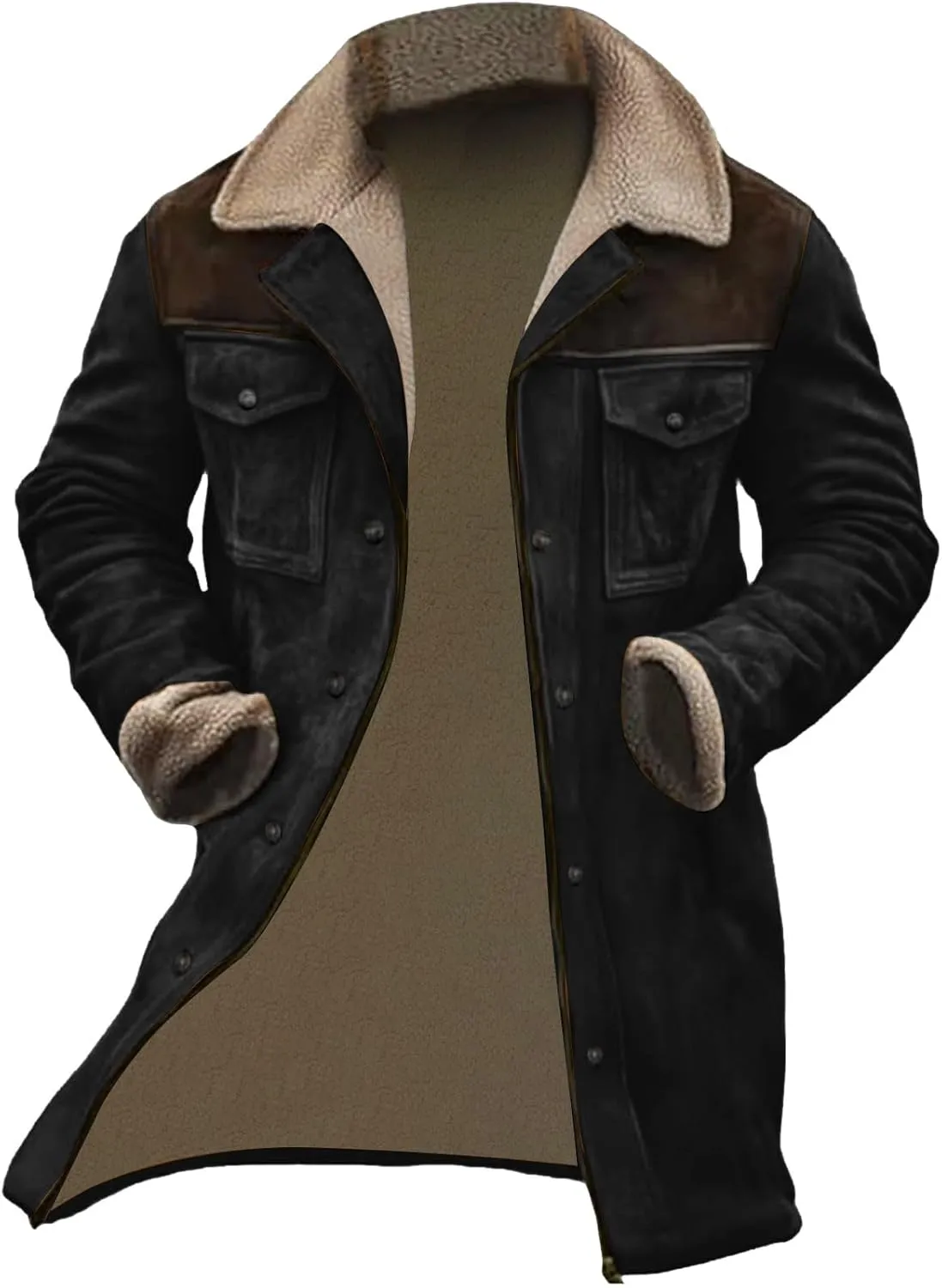 Men Suede Leather Jacket Winter Fur Shearling Duster Coat Retro Faux Leather Fleece Motorcycle Trucker Western Jacket