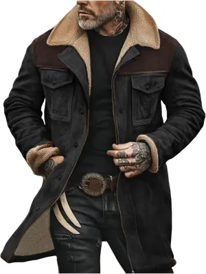 Men Suede Leather Jacket Winter Fur Shearling Duster Coat Retro Faux Leather Fleece Motorcycle Trucker Western Jacket