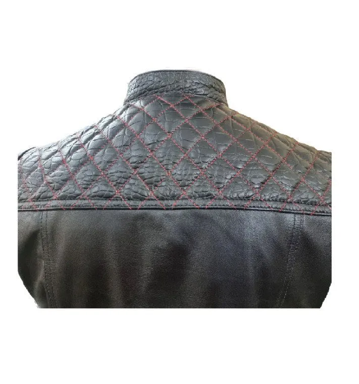 Mens Black Crocodile Print Leather Quilted Bikers Style Vest Waistcoat - B30