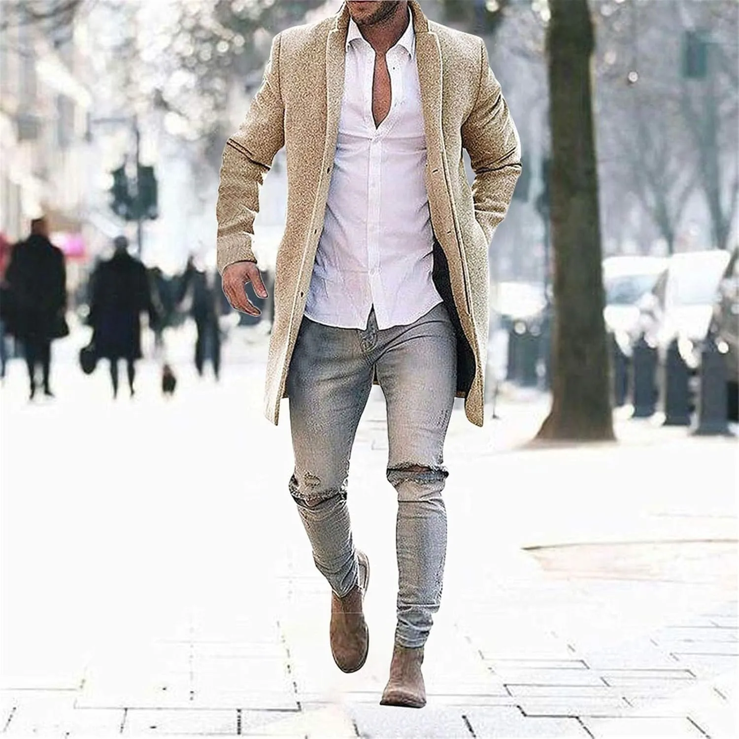 Men's Casual Color Block Trench Coat Slim Fit Notched Collar Long Jacket Overcoat Single Breasted Peacoat wih Pocket