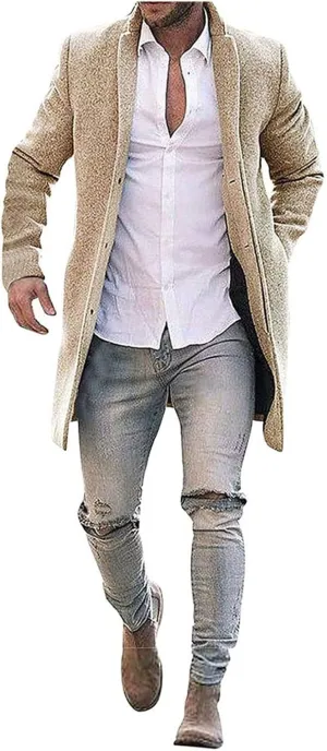 Men's Casual Color Block Trench Coat Slim Fit Notched Collar Long Jacket Overcoat Single Breasted Peacoat wih Pocket