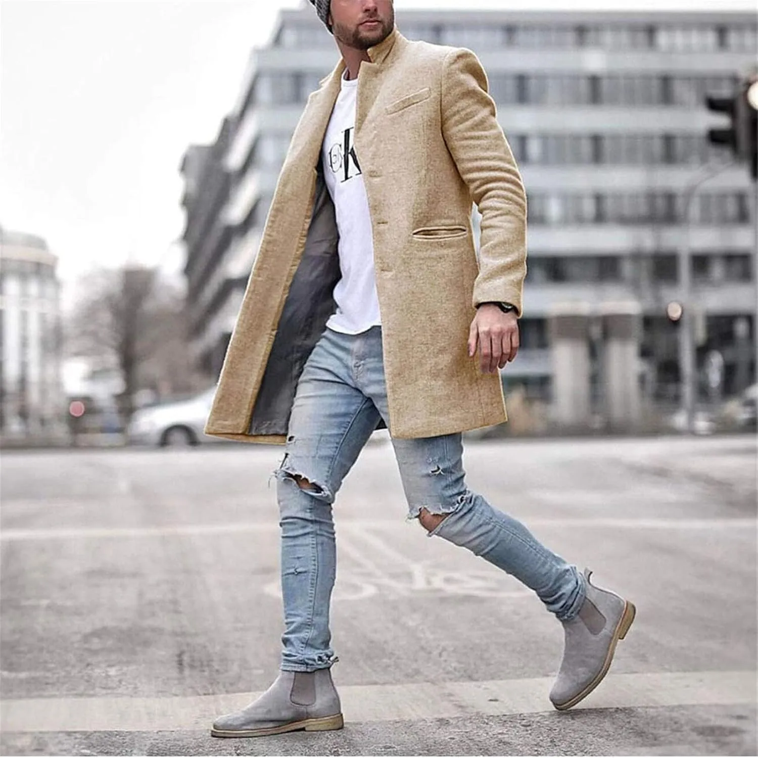 Men's Casual Color Block Trench Coat Slim Fit Notched Collar Long Jacket Overcoat Single Breasted Peacoat wih Pocket