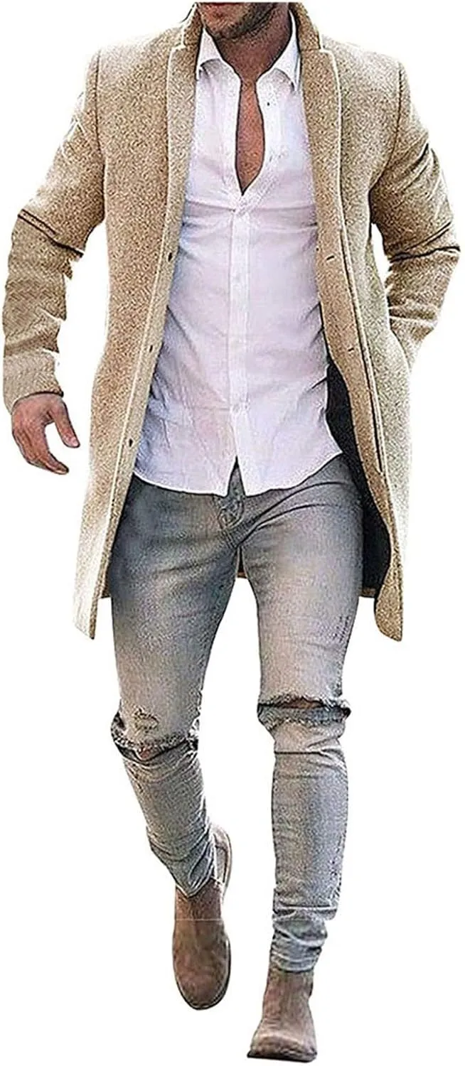 Men's Casual Color Block Trench Coat Slim Fit Notched Collar Long Jacket Overcoat Single Breasted Peacoat wih Pocket