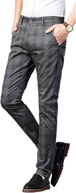 Mens Casual Plaid Pants Fashion Retro Tapered Stretch Slim Fit Business Dress Chino Pants
