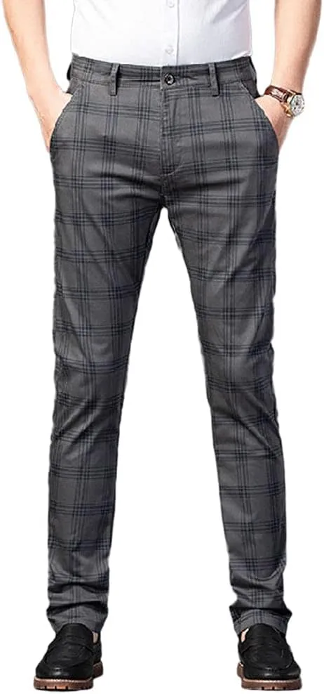 Mens Casual Plaid Pants Fashion Retro Tapered Stretch Slim Fit Business Dress Chino Pants
