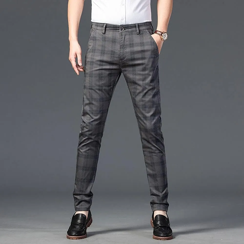 Mens Casual Plaid Pants Fashion Retro Tapered Stretch Slim Fit Business Dress Chino Pants