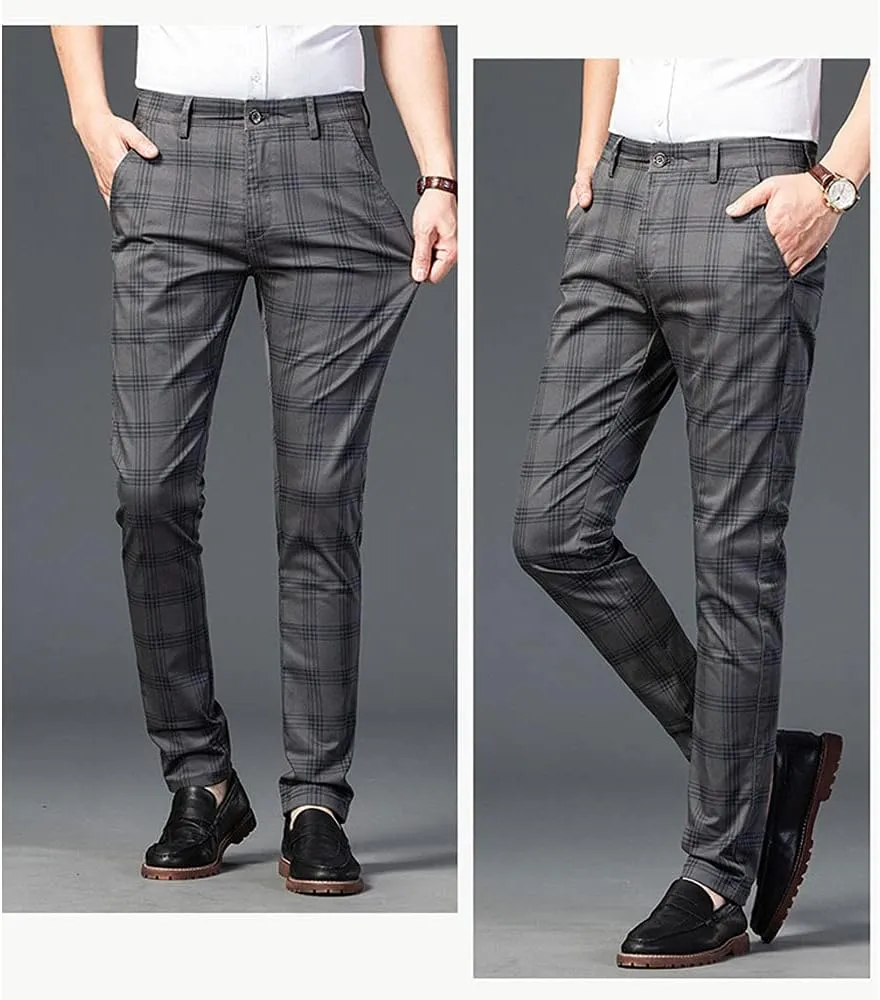 Mens Casual Plaid Pants Fashion Retro Tapered Stretch Slim Fit Business Dress Chino Pants