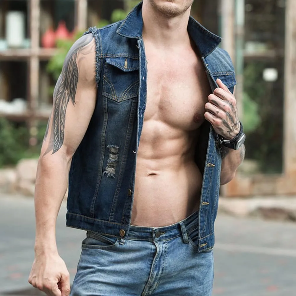 Mens Denim Vests Sleeveless Slim Fit Ripped Distressed Button Down Jean Vest Jackets