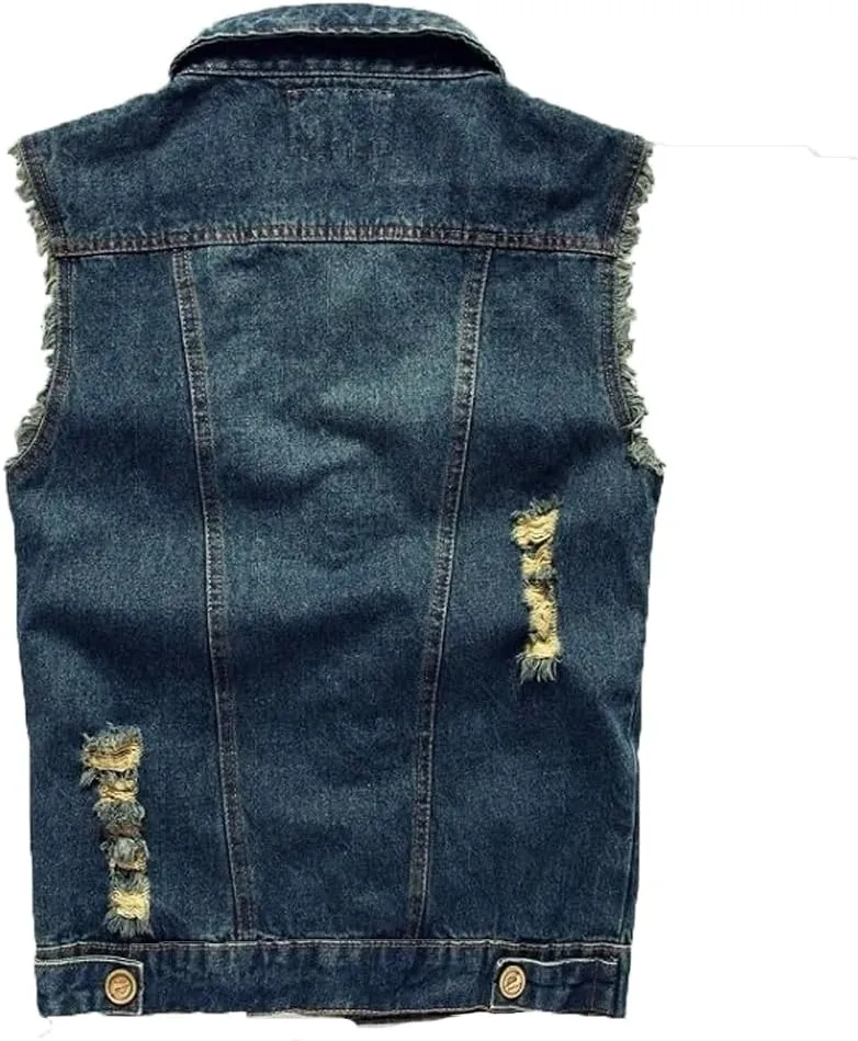 Mens Denim Vests Sleeveless Slim Fit Ripped Distressed Button Down Jean Vest Jackets