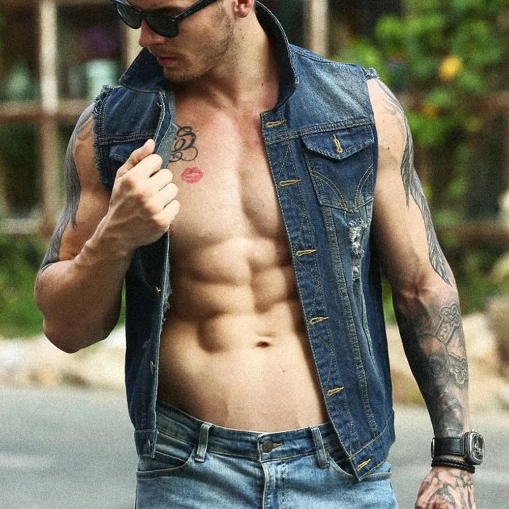 Mens Denim Vests Sleeveless Slim Fit Ripped Distressed Button Down Jean Vest Jackets