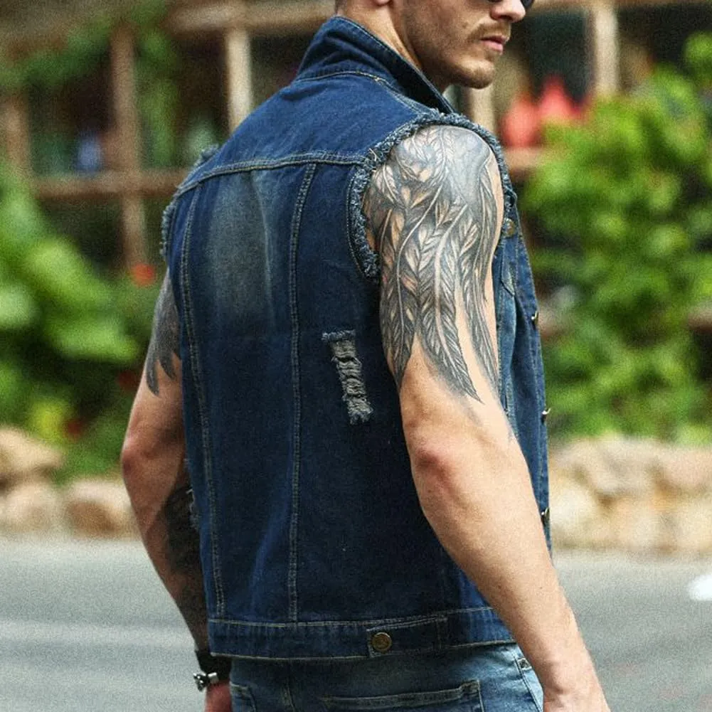 Mens Denim Vests Sleeveless Slim Fit Ripped Distressed Button Down Jean Vest Jackets