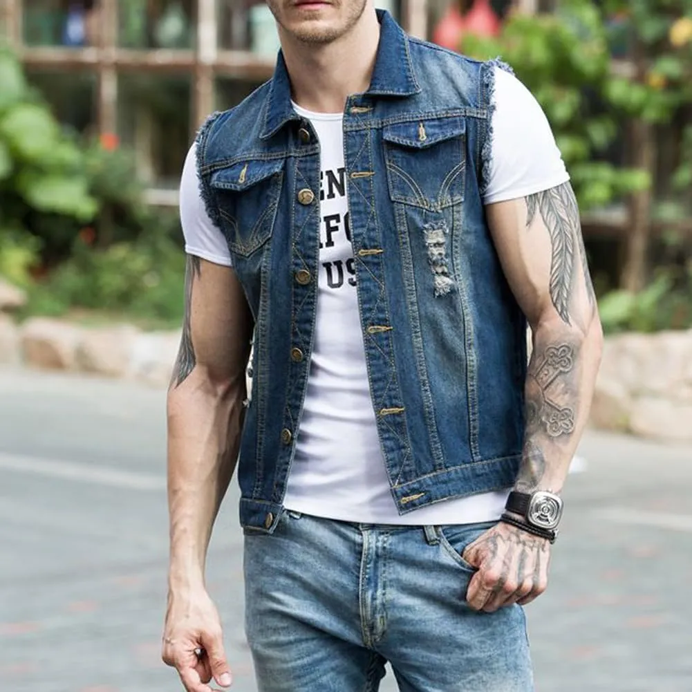 Mens Denim Vests Sleeveless Slim Fit Ripped Distressed Button Down Jean Vest Jackets