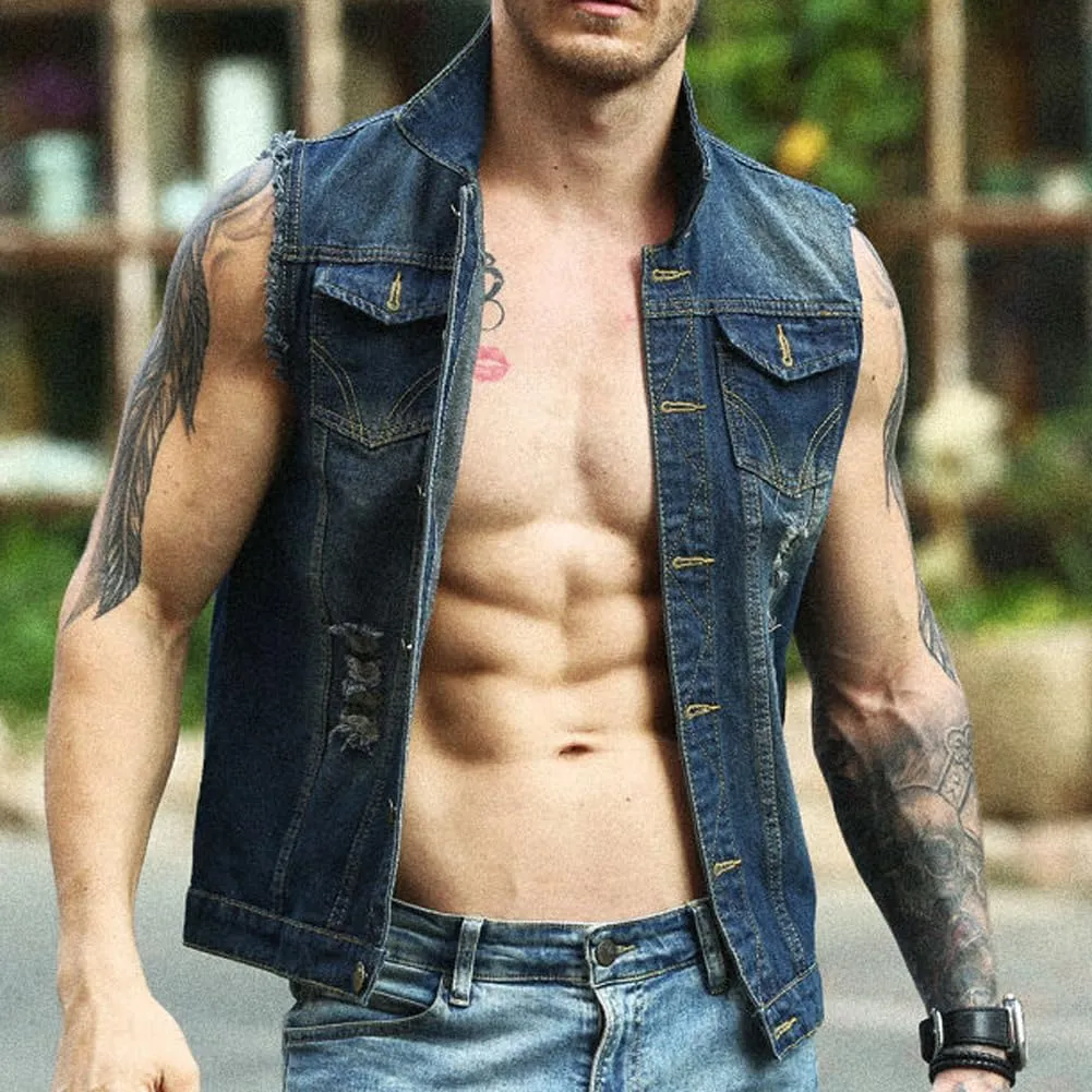 Mens Denim Vests Sleeveless Slim Fit Ripped Distressed Button Down Jean Vest Jackets