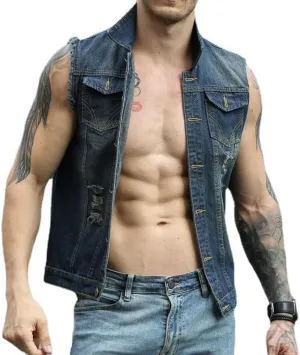 Mens Denim Vests Sleeveless Slim Fit Ripped Distressed Button Down Jean Vest Jackets