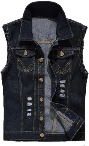 Mens Denim Vests Sleeveless Slim Fit Ripped Distressed Button Down Jean Vest Jackets