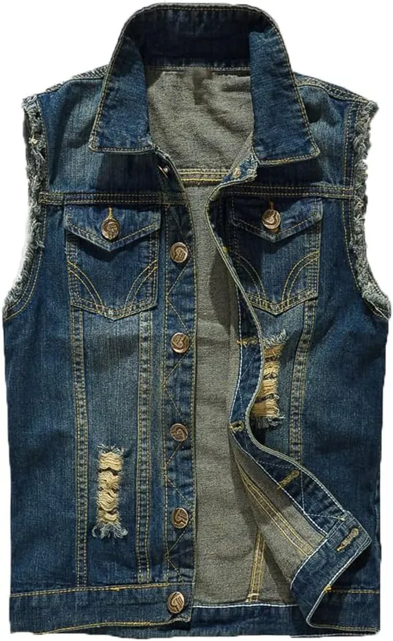 Mens Denim Vests Sleeveless Slim Fit Ripped Distressed Button Down Jean Vest Jackets
