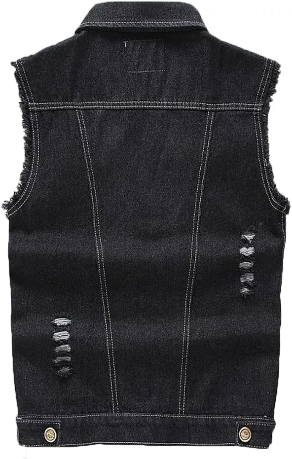 Mens Denim Vests Sleeveless Slim Fit Ripped Distressed Button Down Jean Vest Jackets