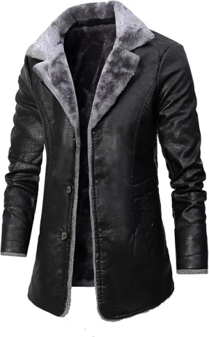Mens Leather Jacket 3/4 Length Faux Leather Fur Coat Warm Winter Long PU Leather Jacket Lined Duster Trench Coat