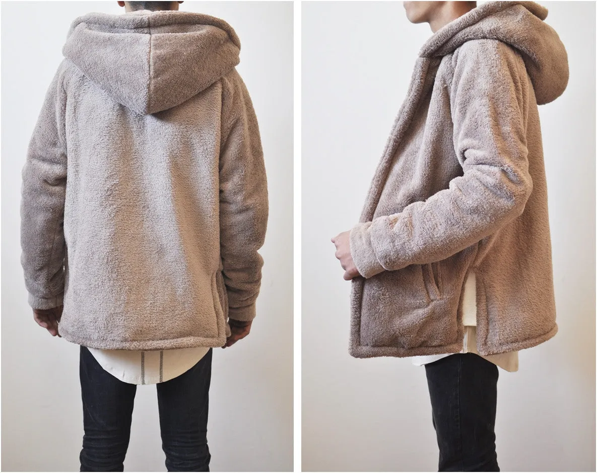 Men's Oversized Sherpa Anorak BoxyFit Side Slit Furry Hoodie Warm Sherling