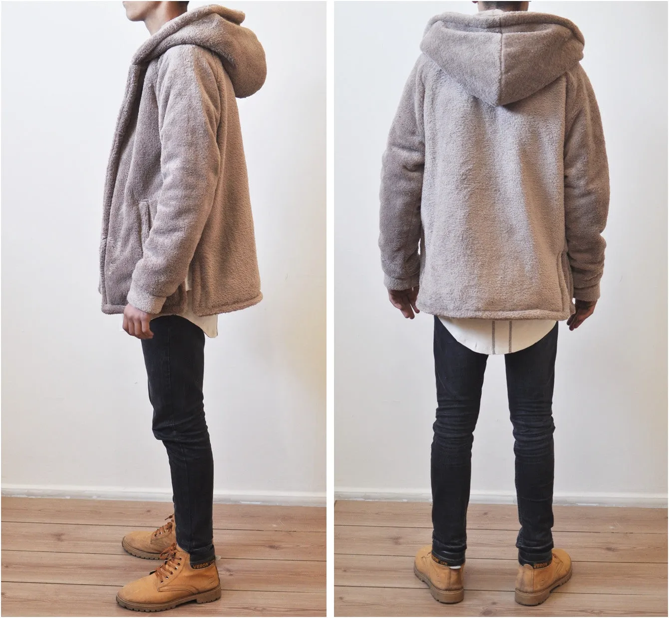 Men's Oversized Sherpa Anorak BoxyFit Side Slit Furry Hoodie Warm Sherling