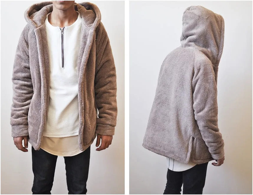 Men's Oversized Sherpa Anorak BoxyFit Side Slit Furry Hoodie Warm Sherling
