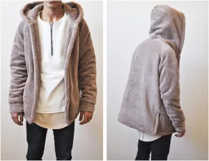 Men's Oversized Sherpa Anorak BoxyFit Side Slit Furry Hoodie Warm Sherling