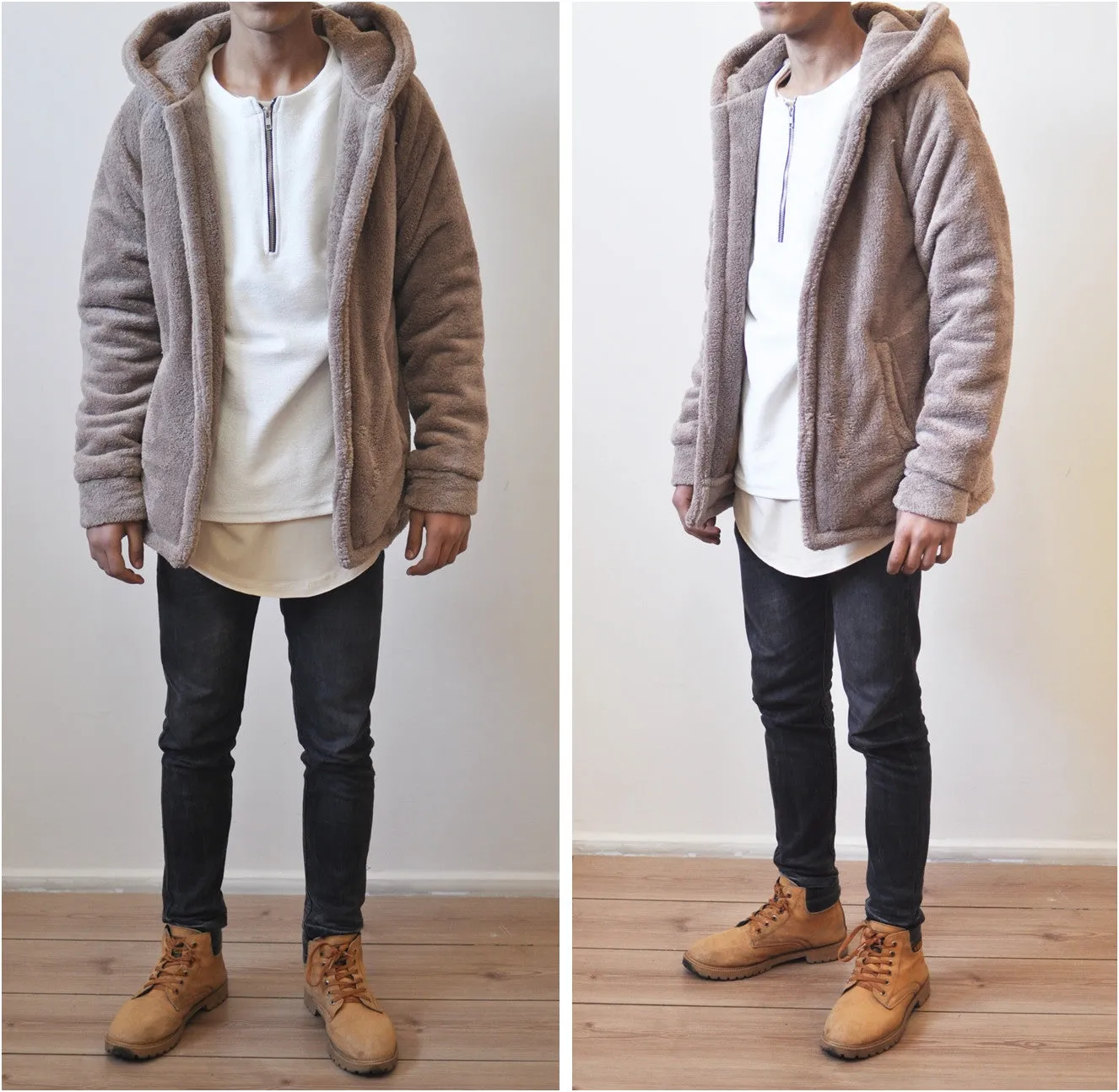 Men's Oversized Sherpa Anorak BoxyFit Side Slit Furry Hoodie Warm Sherling