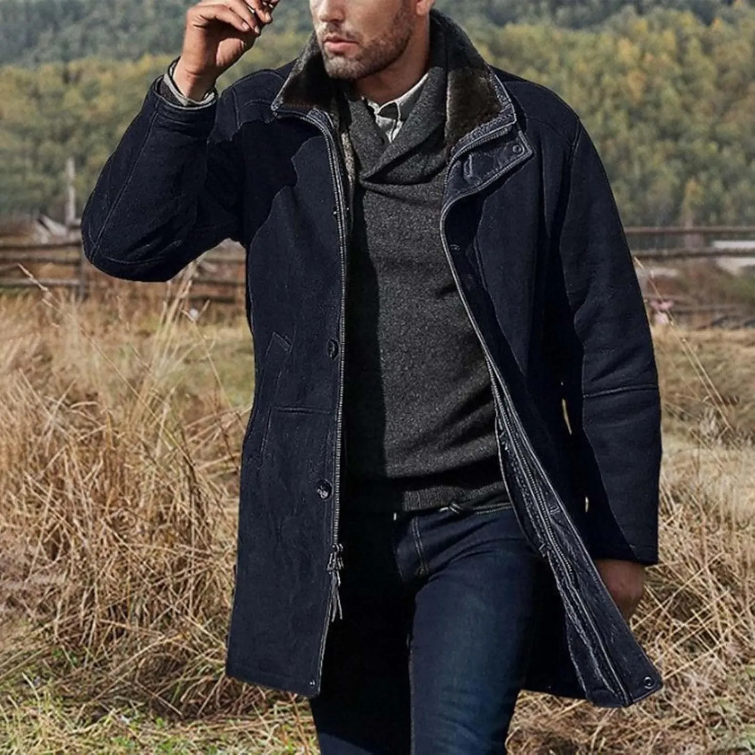 Men's Pea Coat Classic Long Trench Coat Coat Jacket Wool Long Sleeve Warm Coat Turn-down Collar Coat Warm Winter