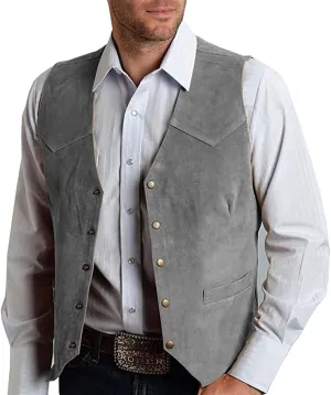 Mens Retro 5 Button Suede Suit Vest V Neck Leather Casual Waistcoat for Prom Banquet for Father Husband Gift Regular Fit