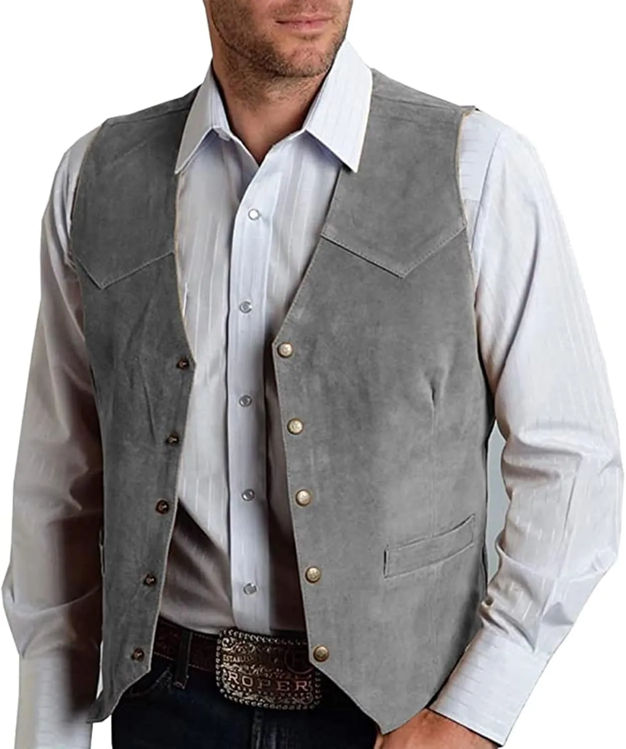 Mens Retro 5 Button Suede Suit Vest V Neck Leather Casual Waistcoat for Prom Banquet for Father Husband Gift Regular Fit