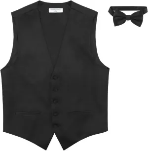 Mens SLIM FIT Dress Vest BowTie Solid BLACK Color Bow Tie Handkerchief Set