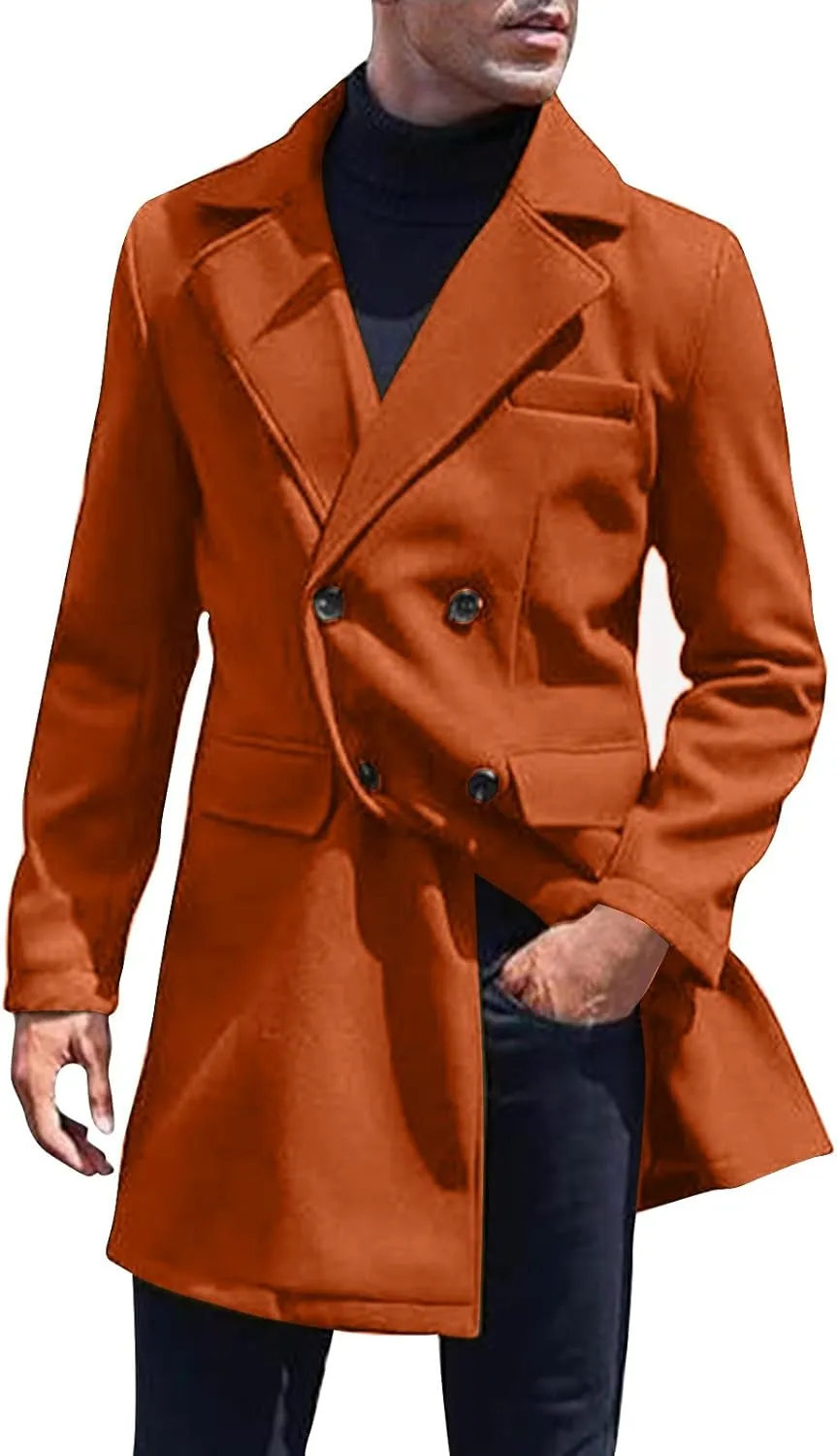 Men's Slim Fit Single Breasted Pea Coat Casual Wool Blend Notched Collar Overcoat with Pockets