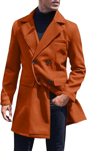 Men's Slim Fit Single Breasted Pea Coat Casual Wool Blend Notched Collar Overcoat with Pockets