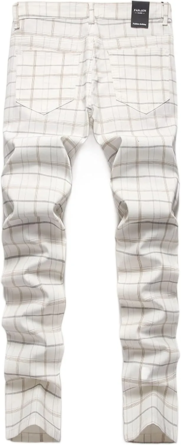 Mens Stretch Slim Fit Plaid Dress Pants,Mens Casual Black Flat-Front Skinny Comfy Business Chino Pants with Pocket
