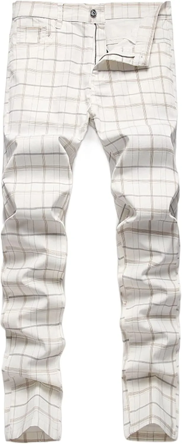 Mens Stretch Slim Fit Plaid Dress Pants,Mens Casual Black Flat-Front Skinny Comfy Business Chino Pants with Pocket