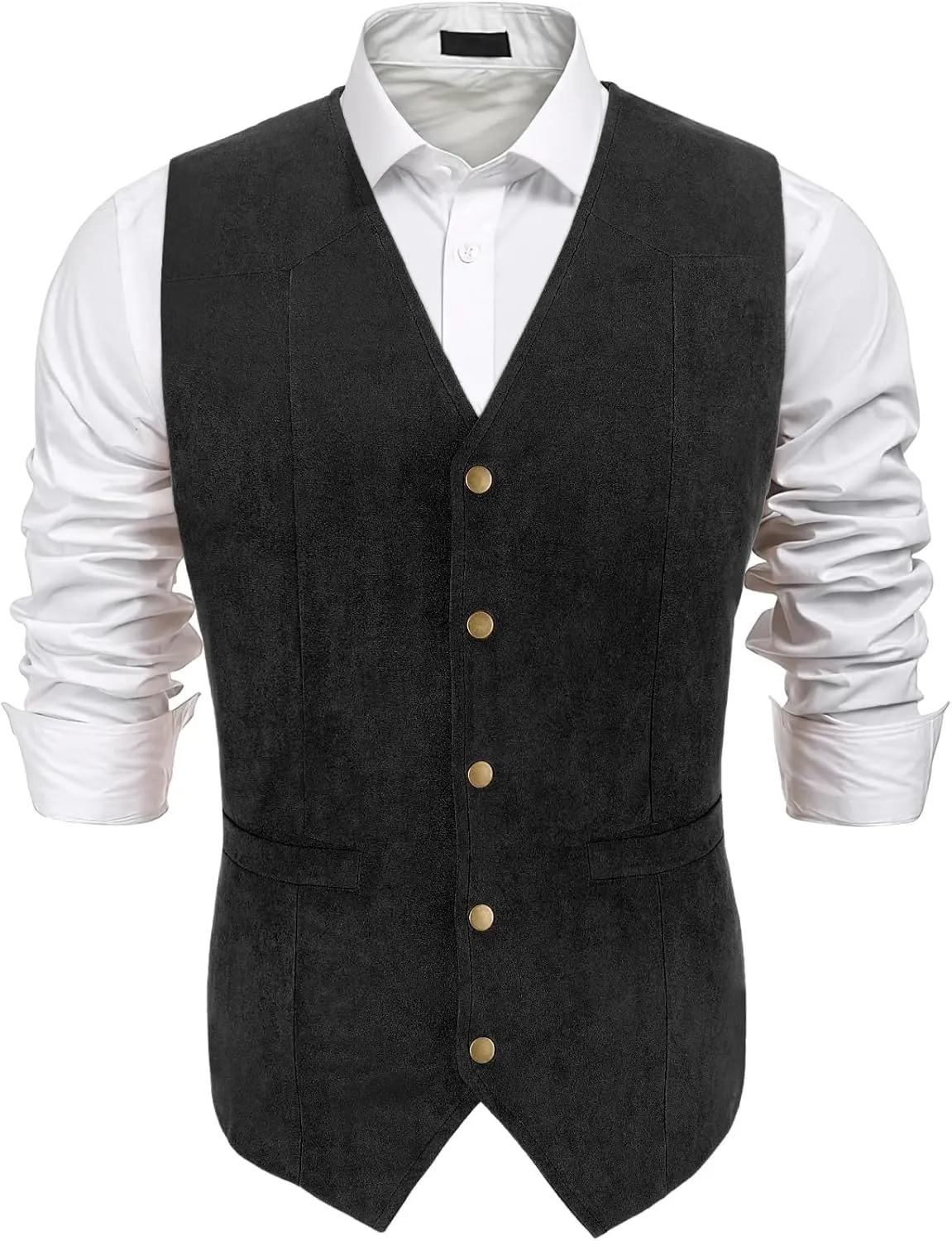 Men's Suede Leather Suit Vest V Neck Cowboy Vest Vintage 5 Snaps Western Vests Casual Waistcoat for Wedding Prom