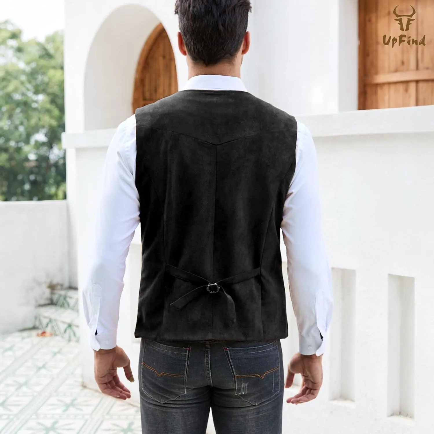 Men's Suede Leather Suit Vest V Neck Cowboy Vest Vintage 5 Snaps Western Vests Casual Waistcoat for Wedding Prom
