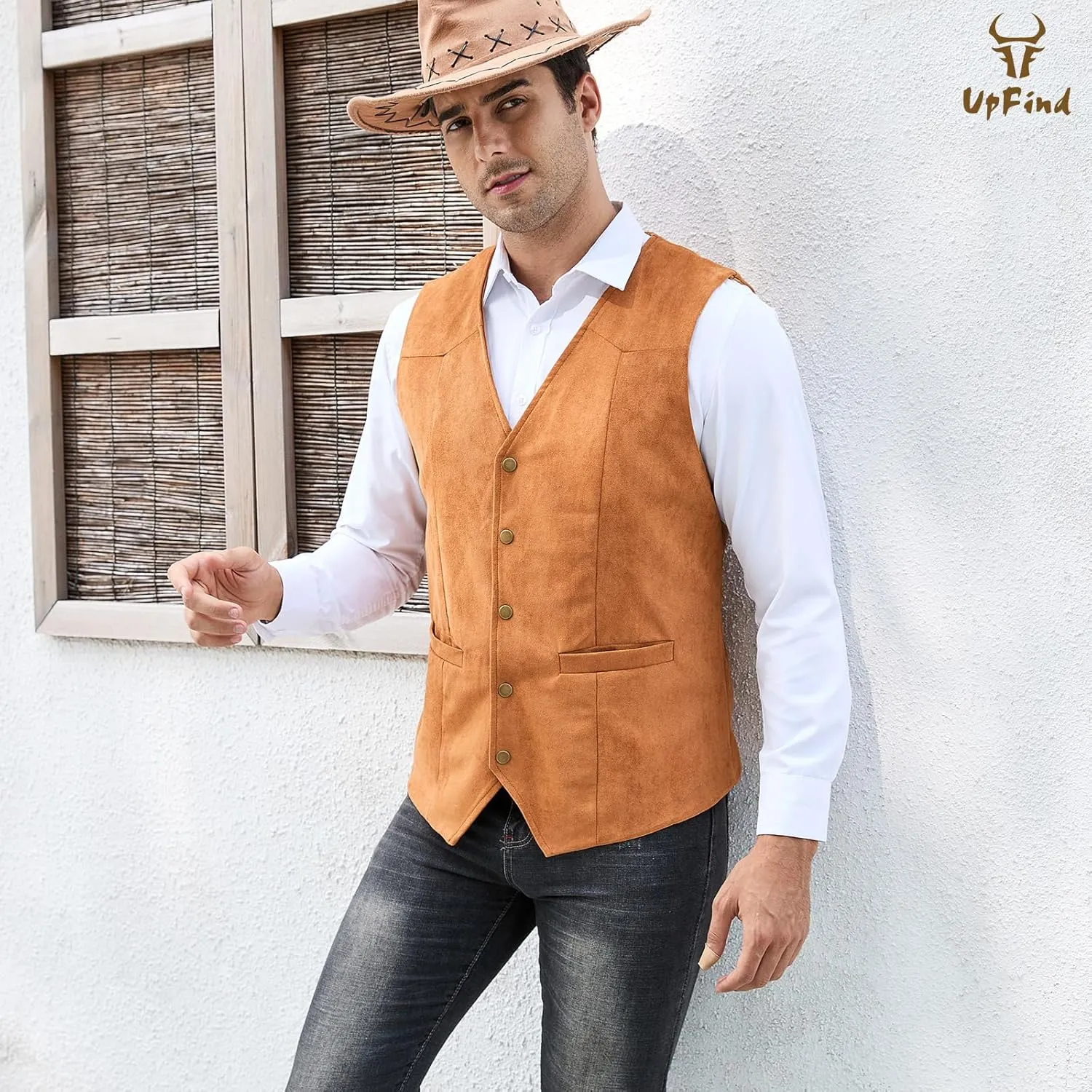 Men's Suede Leather Suit Vest V Neck Cowboy Vest Vintage 5 Snaps Western Vests Casual Waistcoat for Wedding Prom