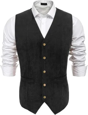 Men's Suede Leather Suit Vest V Neck Cowboy Vest Vintage 5 Snaps Western Vests Casual Waistcoat for Wedding Prom