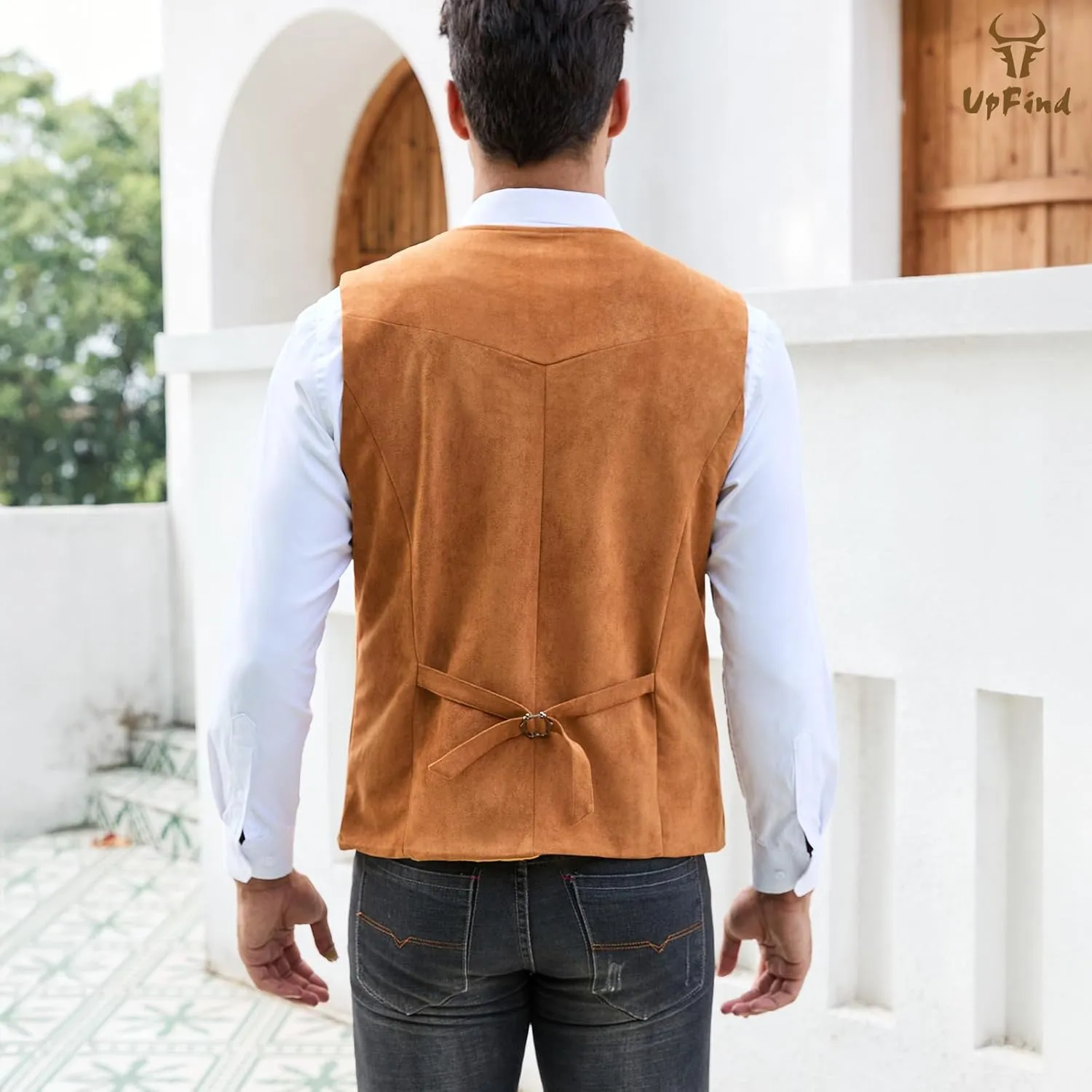 Men's Suede Leather Suit Vest V Neck Cowboy Vest Vintage 5 Snaps Western Vests Casual Waistcoat for Wedding Prom