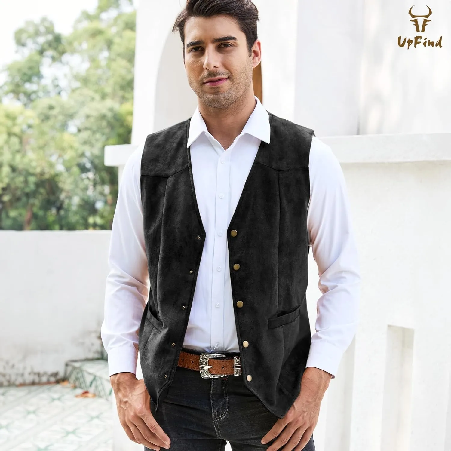 Men's Suede Leather Suit Vest V Neck Cowboy Vest Vintage 5 Snaps Western Vests Casual Waistcoat for Wedding Prom